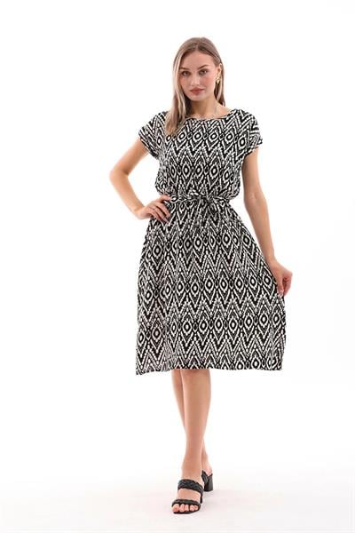 Kadın beli lastikli viskon elbise siyah-beyaz - Charamela