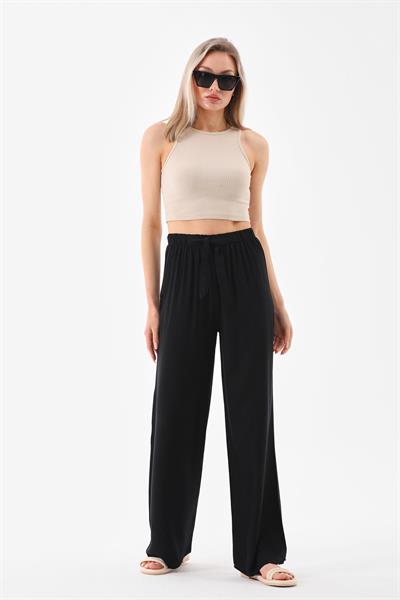 Kadın beli lastikli viskon kumaş rahat kalıp palazzo pantolon - Charamela