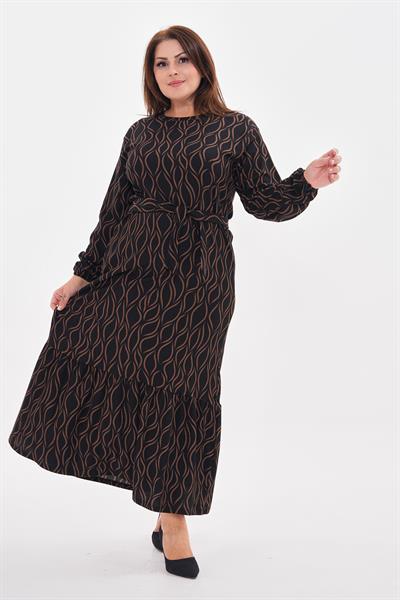 Kadın büyük beden baskılı kuşaklı crinkle kumaş örme elbise -bge73 - Charamela