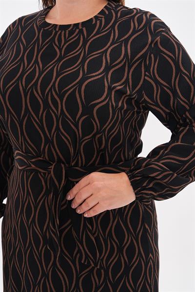 Kadın büyük beden baskılı kuşaklı crinkle kumaş örme elbise -bge73 - Charamela