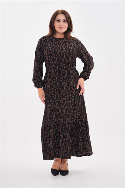 Kadın büyük beden baskılı kuşaklı crinkle kumaş örme elbise -bge73 - Charamela