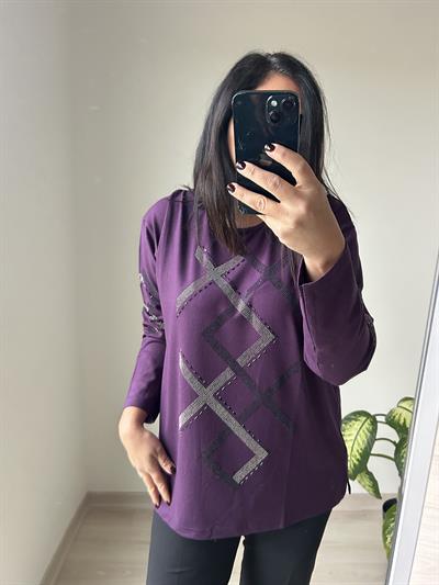 Kadın büyük beden baskılı önü ve kolları taş detaylı bluz -bgb68 - Charamela