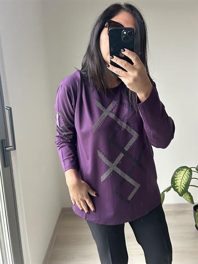 Kadın büyük beden baskılı önü ve kolları taş detaylı bluz -bgb68 - Charamela