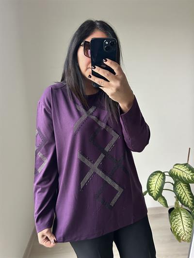 Kadın büyük beden baskılı önü ve kolları taş detaylı bluz -bgb68 - Charamela