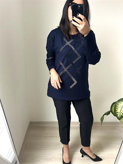 Kadın büyük beden baskılı önü ve kolları taş detaylı bluz -bgb67 - Charamela