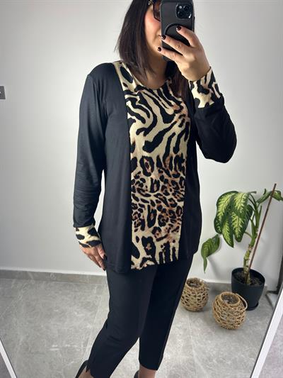 Kadın büyük beden bisiklet yaka leopar desenli siyah örme bluz-bgb94 - Charamela