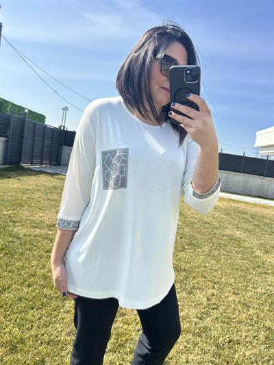 Kadın büyük beden cep taş detaylı ekru bluz-bgb126 - Charamela