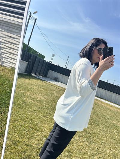 Kadın büyük beden cep taş detaylı ekru bluz-bgb126 - Charamela