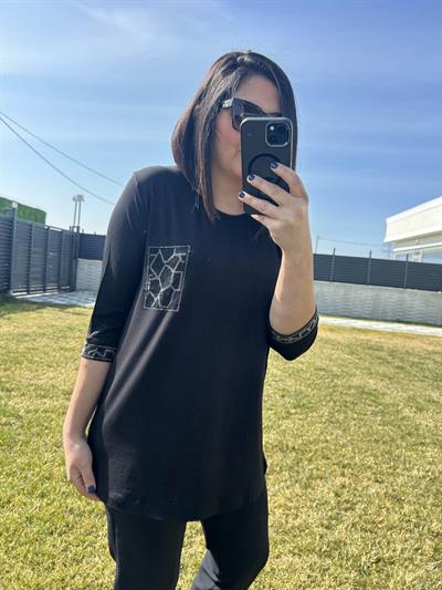 Kadın büyük beden cep taş detaylı siyah bluz-bgb125 - Charamela