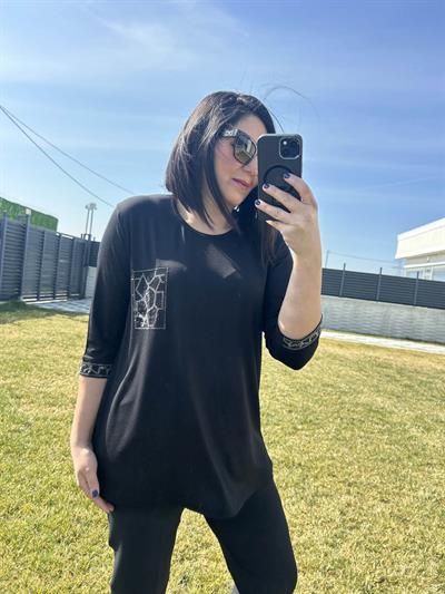 Kadın büyük beden cep taş detaylı siyah bluz-bgb125 - Charamela