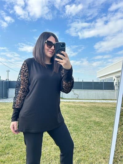 Kadın büyük beden dantel desenli tül kol detaylı bluz-bgb116 - Charamela