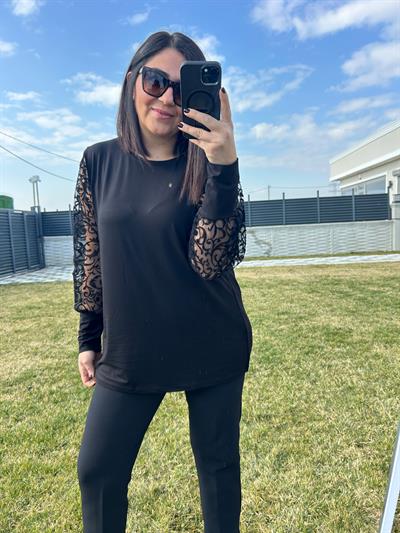 Kadın büyük beden dantel desenli tül kol detaylı bluz-bgb116 - Charamela