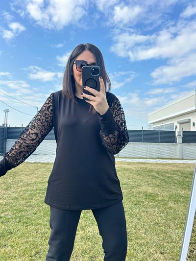 Kadın büyük beden dantel desenli tül kol detaylı bluz-bgb116 - Charamela