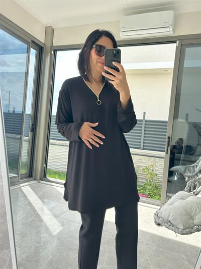 Kadın büyük beden düz v yaka fermuar detaylı siyah örme bluz-bgb93 - Charamela