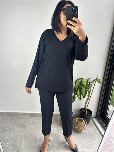 Kadın büyük beden düz v yaka örme bluz-bgb92 - Charamela