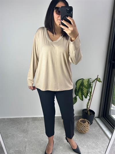 Kadın büyük beden düz v yaka örme bluz-bgb91 - Charamela