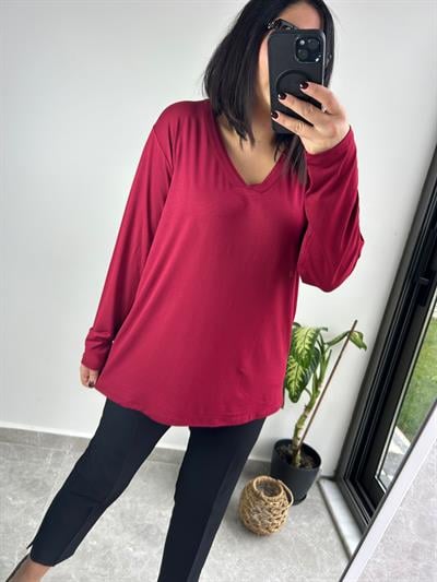 Kadın büyük beden düz v yaka örme bluz-bgb90 - Charamela