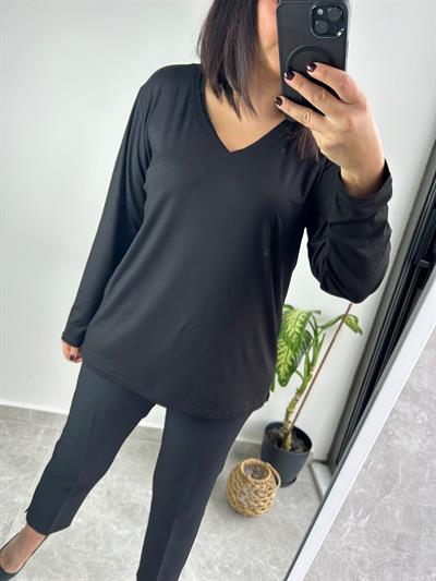 Kadın büyük beden düz v yaka örme bluz-bgb92 - Charamela