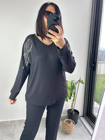 Kadın büyük beden geniş kalıp kolları taşlı bluz-bgb56 - Charamela