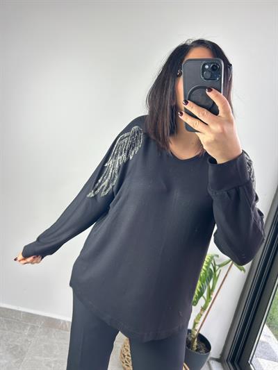 Kadın büyük beden geniş kalıp kolları taşlı bluz-bgb56 - Charamela