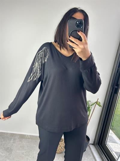 Kadın büyük beden geniş kalıp kolları taşlı bluz-bgb56 - Charamela