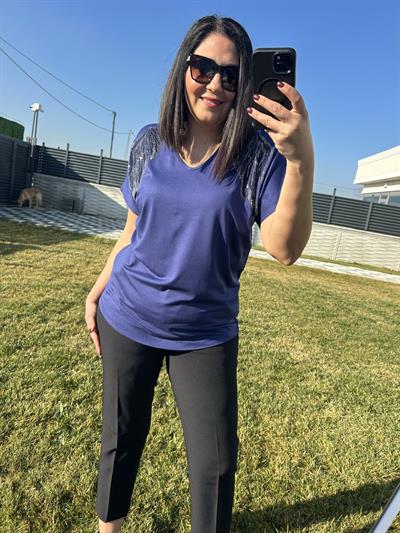 Kadın büyük beden geniş kalıp omuzları taşlı mavi bluz-bgb110 - Charamela