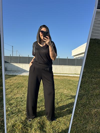 Kadın büyük beden geniş kalıp omuzları taşlı bluz-bgb109 - Charamela