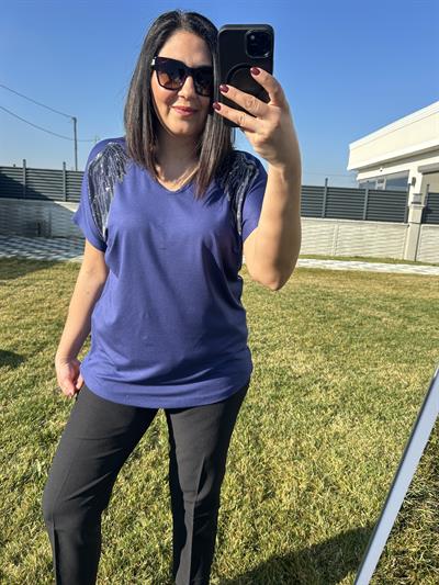 Kadın büyük beden geniş kalıp omuzları taşlı mavi bluz-bgb110 - Charamela