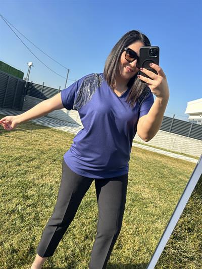 Kadın büyük beden geniş kalıp omuzları taşlı mavi bluz-bgb110 - Charamela