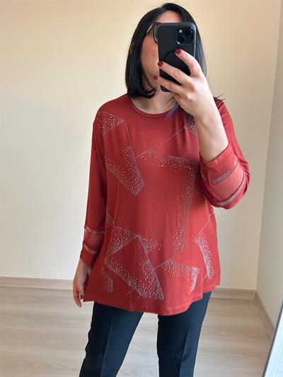 Kadın büyük beden geniş kalıp taşlı triko görünümlü bluz-bgb58 - Charamela