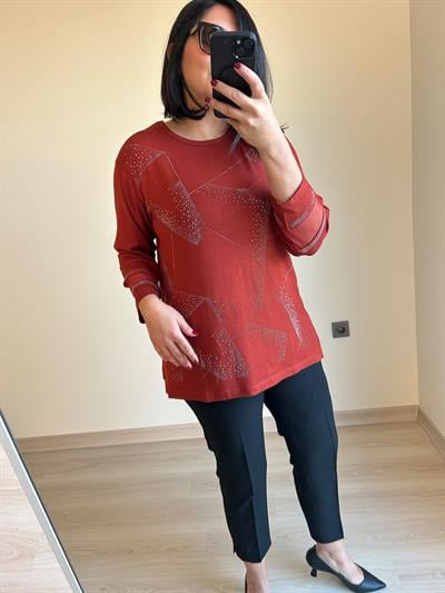 Kadın büyük beden geniş kalıp taşlı triko görünümlü bluz-bgb58 - Charamela