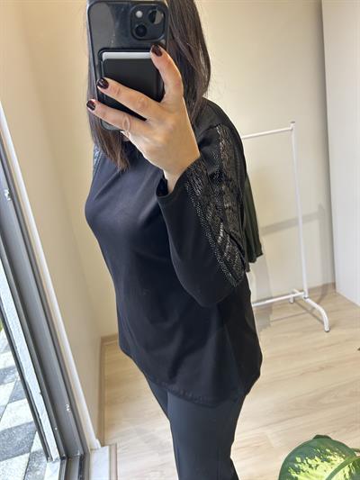 Kadın büyük beden kolları taş detaylı bluz -bgb62 - Charamela