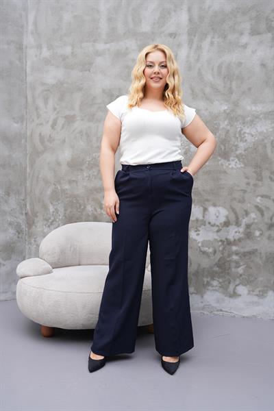 Kadın büyük beden krep örme kumaş bol paça lacivert rahat pantolon - Charamela