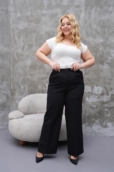 Kadın büyük beden krep örme kumaş bol paça siyah rahat pantolon - Charamela