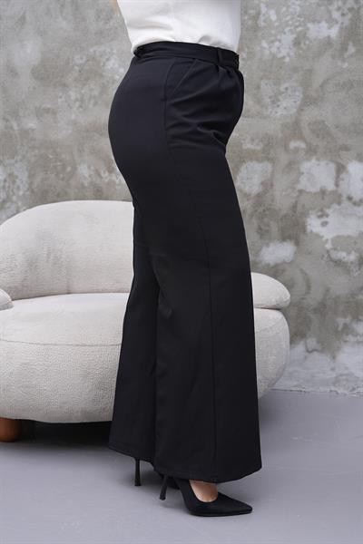 Kadın büyük beden krep örme kumaş bol paça siyah rahat pantolon - Charamela