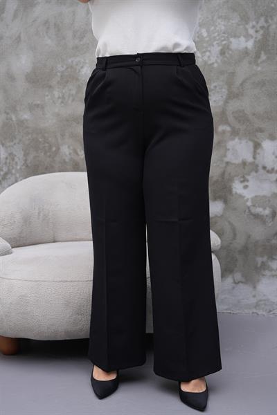 Kadın büyük beden krep örme kumaş bol paça siyah rahat pantolon - Charamela