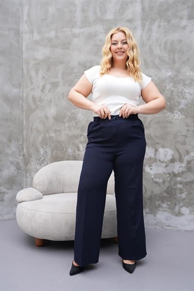 Kadın büyük beden krep örme kumaş bol paça lacivert rahat pantolon - Charamela