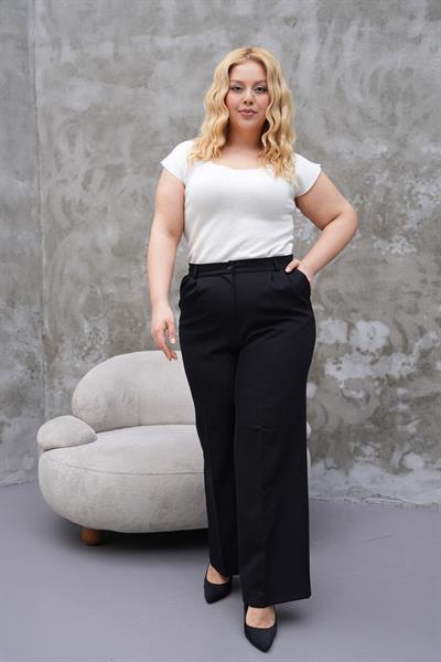 Kadın büyük beden krep örme kumaş bol paça siyah rahat pantolon - Charamela