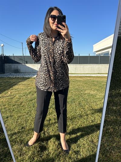 Kadın büyük beden leopar baskılı örme gömlek bluz-bgb83 - Charamela