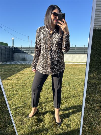 Kadın büyük beden leopar baskılı örme gömlek bluz-bgb83 - Charamela