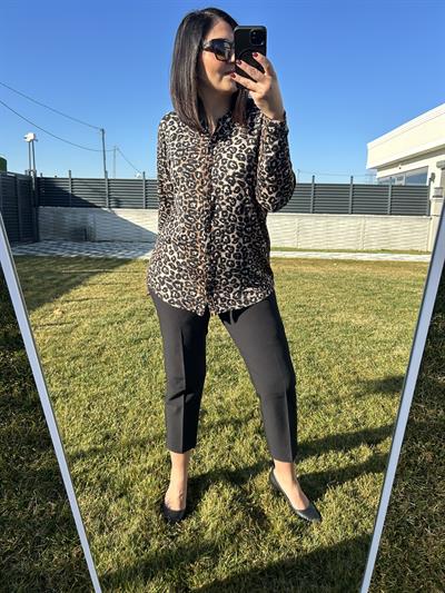 Kadın büyük beden leopar baskılı örme gömlek bluz-bgb83 - Charamela