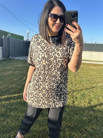 Kadın büyük beden leopar baskılı penye örme bluz-bgb105 - Charamela