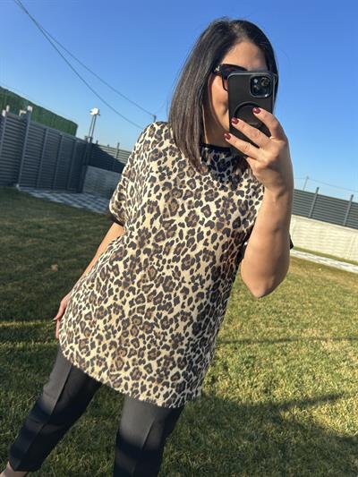 Kadın büyük beden leopar baskılı penye örme bluz-bgb105 - Charamela