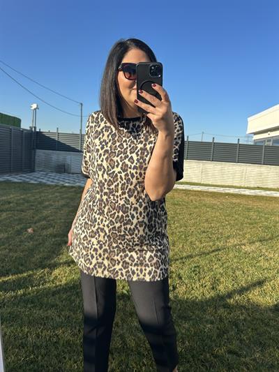 Kadın büyük beden leopar baskılı penye örme bluz-bgb105 - Charamela