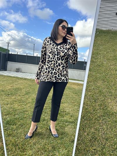 Kadın büyük beden leopar baskılı v yaka örme bluz-bgb89 - Charamela