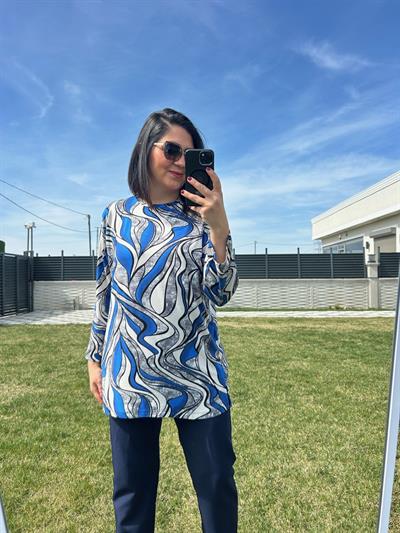 Kadın büyük beden mavi sıyah desenli bluz-bgb131 - Charamela