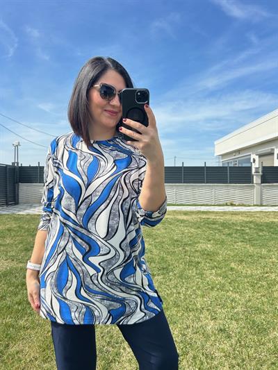 Kadın büyük beden mavi sıyah desenli bluz-bgb131 - Charamela