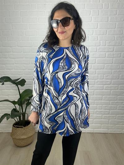 Kadın büyük beden mavi sıyah desenli bluz-bgb131 - Charamela