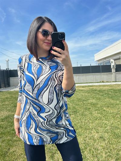 Kadın büyük beden mavi sıyah desenli bluz-bgb131 - Charamela