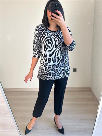 Kadın büyük beden modern baskılı bisiklet yaka 3/4 kol örme bluz-bgb88 - Charamela